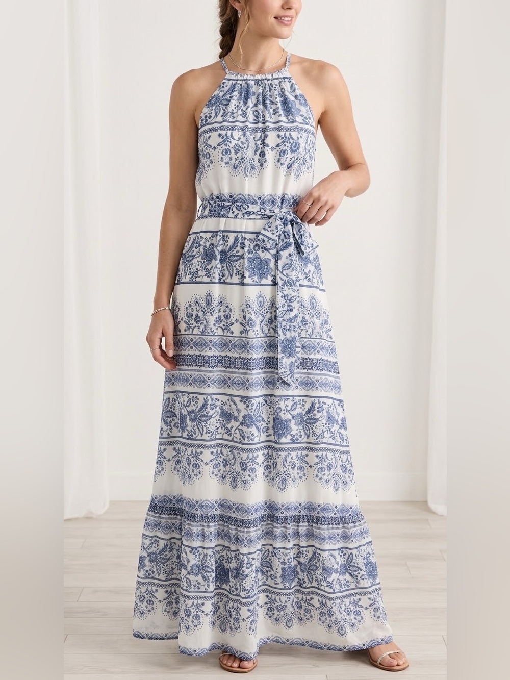LOFT Blue and White Halter Maxi Dress with Belt size small